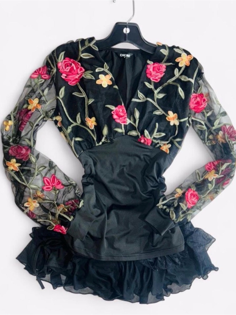 Chicme Black Floral Embroidered Sheer-Sleeve Blouse